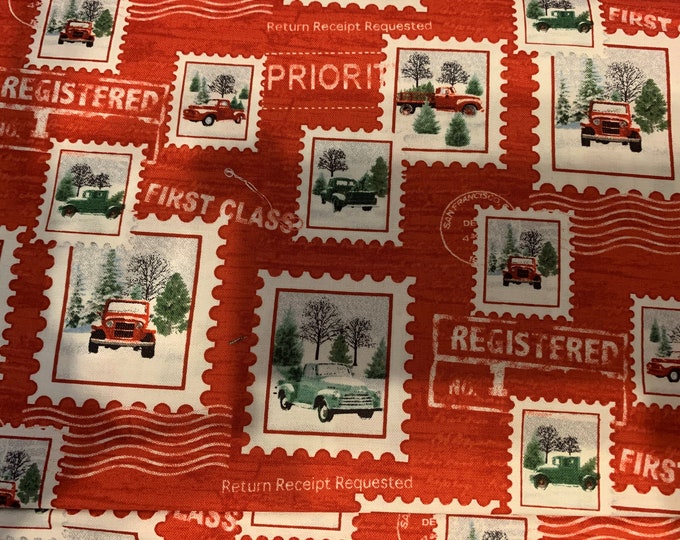 Vintage Trucks Christmas stamps 100% cotton fabric  sold by the yard