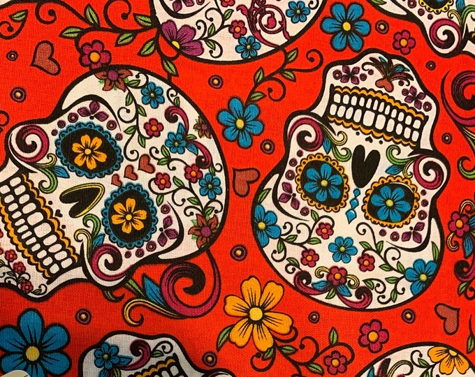 Red folkloric skulls 100% cotton fabric, sold by the yard