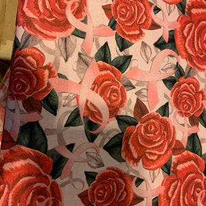 Pink Ribbons and Roses 100% cotton fabric, sold by the yard