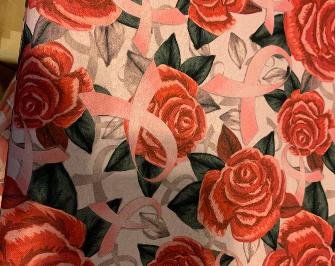 Pink Ribbons and Roses 100% cotton fabric, sold by the yard