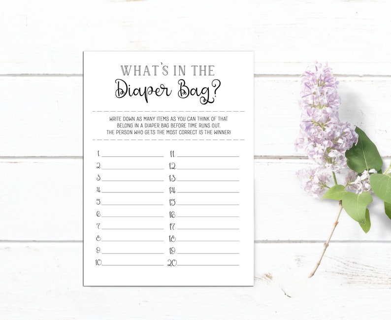 What's in the Diaper Bag Game Printable Baby Shower Game Diaper Bag