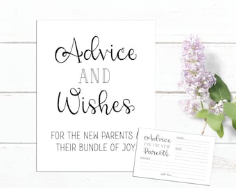 Pode incluir: Um cartão de conselhos para chá de bebê imprimível com o texto "Advice and Wishes for the New Parents & Their Bundle of Joy". O cartão tem um espaço em branco para que os convidados escrevam seus conselhos e desejos.