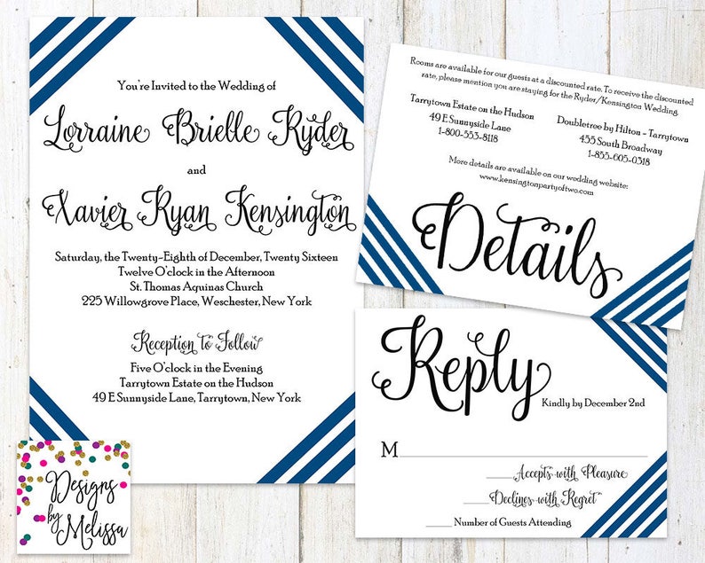 DIGITAL FILE Navy Blue Wedding Invitation Navy Blue Wedding Invitation Suite Striped Wedding Invitation Modern and Classic Wedding