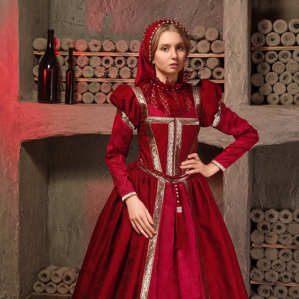 Renaissance dress - MADE TO ORDER - "Queen of England" - burgundy dress in the style of sixteenth century English high fashion.