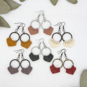 Simple Boho Macrame Hoop Earrings | Textured Macrame Fringe Earrings