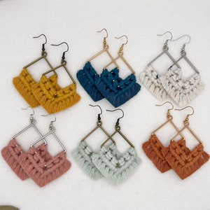 Square Macrame Fringe Earrings | Boho Detailed Hand Tied Macrame Jewelry | Choose Your Color