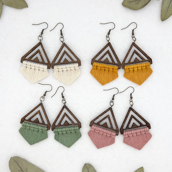 Triangle Fringe Macrame Earrings | Wooden Geometric Boho Jewelry