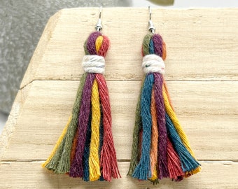 Bold Rainbow Tassel Earrings | Boho Macrame Fringe Earrings | Fun Colorful Statement Jewelry | Lightweight Hippie Jewelry