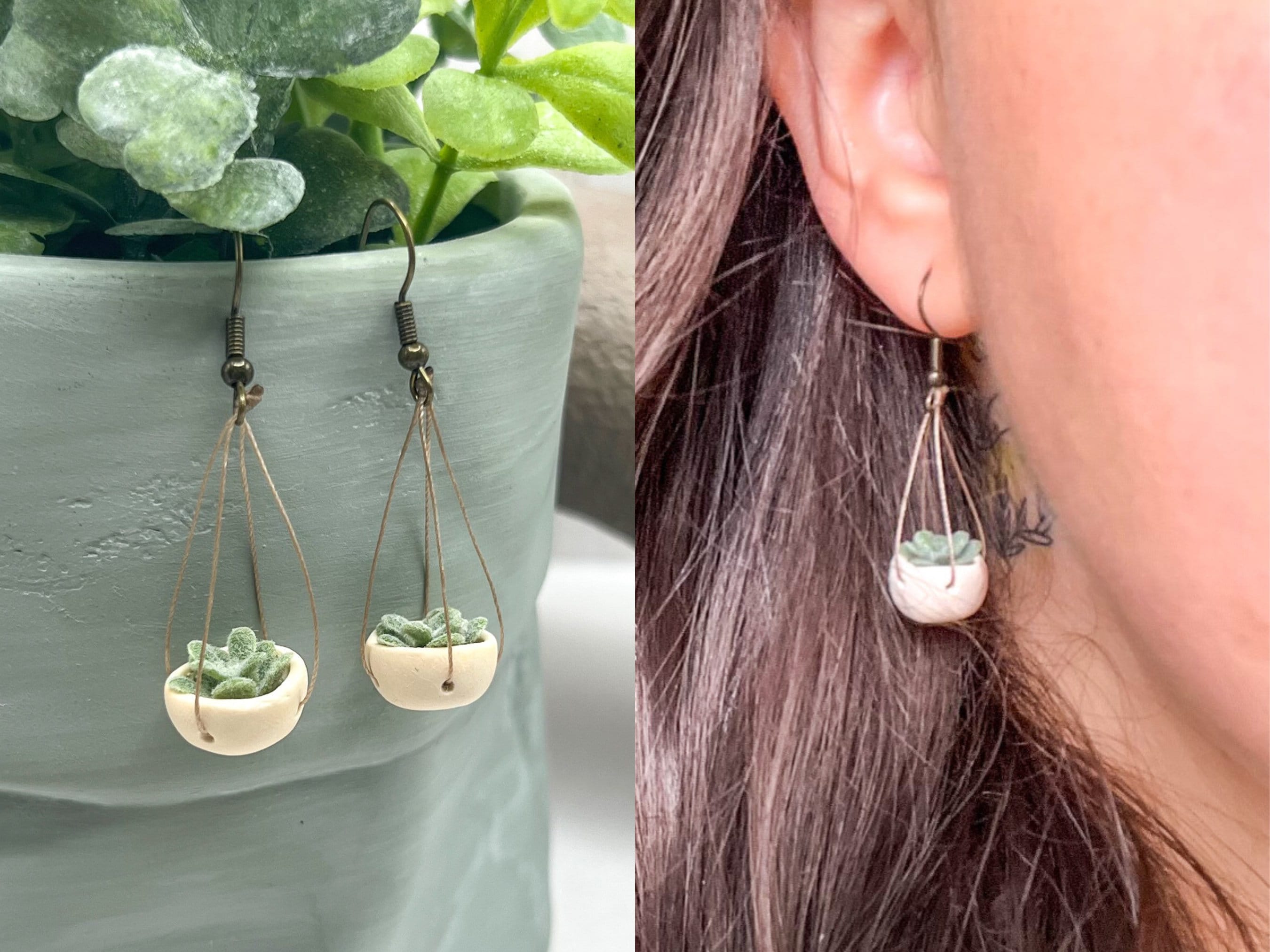 Mini Clay Pot Faux Succulent Earrings Small Plant Hanging Earring