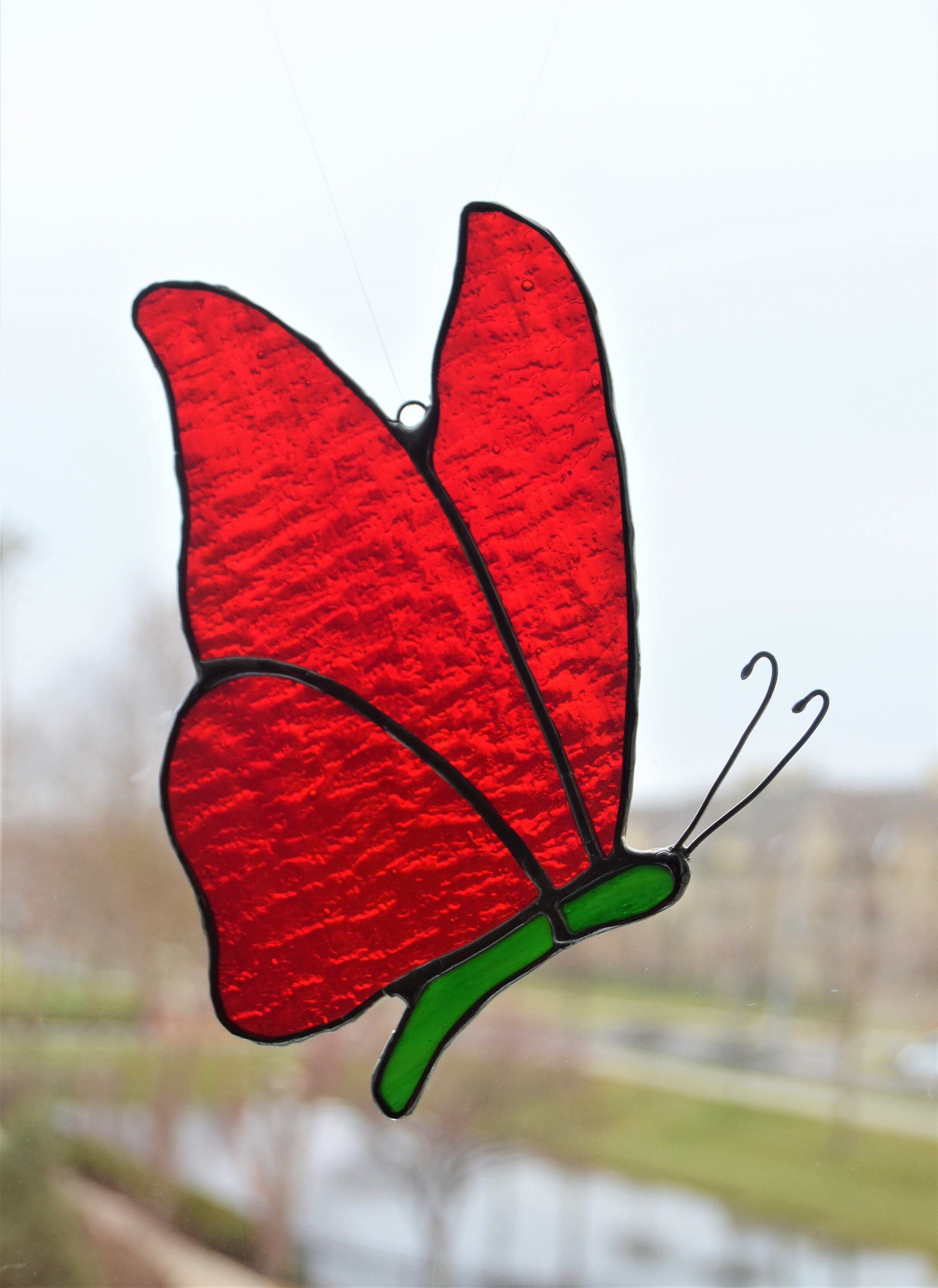 Stained glass butterfly suncatcher red textured wings and Etsy