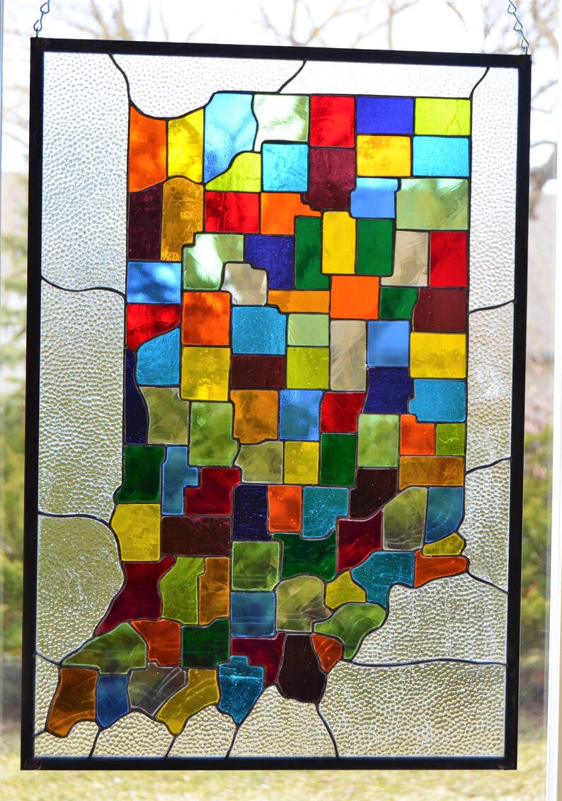 Stained Glass Panel Indiana Counties Map Hoosier State 17 X Etsy