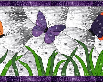 Stained Glass Pattern Butterfly Trio Above Grass, 24 X 11