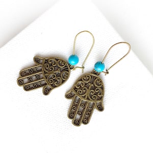HAMSA amulet earrings Middle eastern traditional ethnic jewelry, unique gift for friends couples mom teacher wife, boho Tibetan jewelry