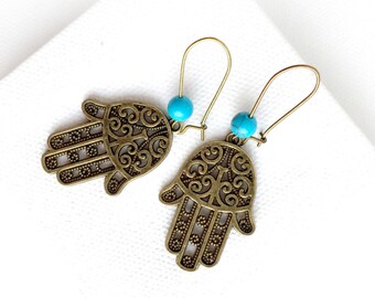 HAMSA amulet earrings Middle eastern traditional ethnic jewelry, unique gift for friends couples mom teacher wife, boho Tibetan jewelry