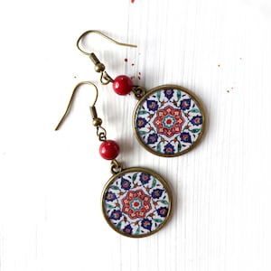 SARA floral earrings middle eastern mandala jewelry, Turkish tile earrings, Christmas gift idea, yogi gift, Oriental Iznic jewelry for her