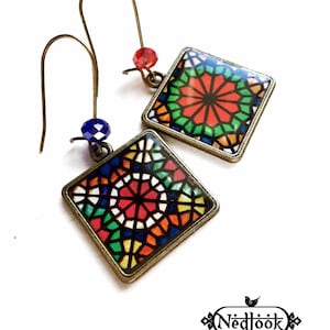 OROSI non-matching earrings gift for women, Persian Pink mosque old stained glass windows, oriental middle eastern asymmetrical earrings