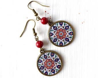 SARA floral earrings middle eastern mandala jewelry, Turkish tile earrings, Christmas gift idea, yogi gift, Oriental Iznic jewelry for her