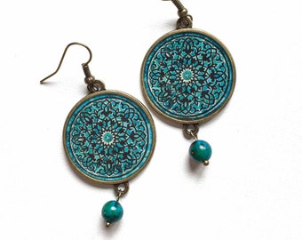 NIRVANA mideastern mandala drop boucles d’oreilles, boucles d’oreilles camée de carreaux turcs, mode hippie, bijoux turquoise, cadeau pour les meilleurs amis yogi