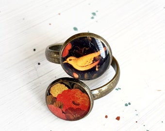 GOLOMORGH Persian adjustable cameo ring gift for girlfriend, bird and floral jewelry, unique gift idea for Christmas, lacquer painting