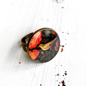 TOUCA adjustable Persian Golomorgh ring, bird and floral jewelry, unique Christmas gift idea, boho jewelry, birthday gift, lacquer painting