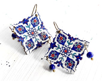 PARINAZ Persian geometric wooden earrings gift for women, unique gift for mom teacher wife, Turkish Iznik, boho lightweight travel jewelry