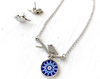 OLDUZ Persian Tile Necklace & Bird Earrings: Minimal Geometric Jewelry Set, Christmas gift, Country of origin US