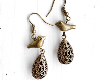 SHABNAM teardrop earrings with bird, Middle eastern traditional ethnic jewelry, unique gift for mother teacher wife, boho Tibetan jewelry