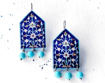 AREZOO Persian Tile Wooden Earrings: Ethnic Mihrab Jewelry, gift for her, Historical folk birthday Christmas gift, Country of origin US