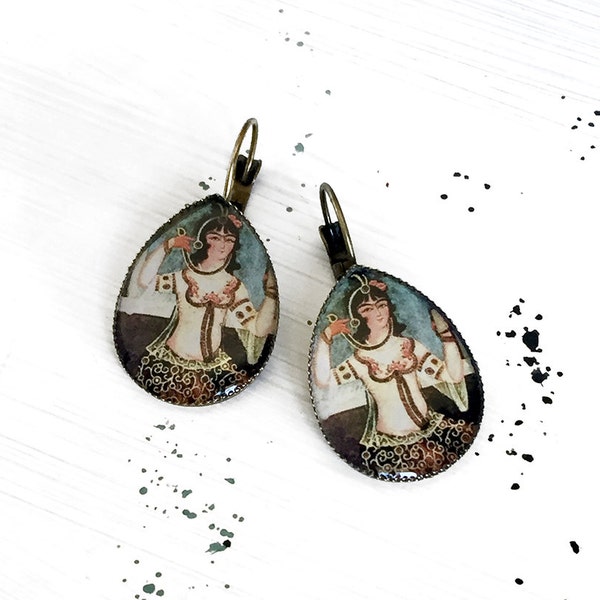 PARISIMA Persian miniature painting teardrop earrings, Historical Safavid ethnic jewelry, unique gift for mom, for wife, best friends gift