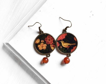 GOLOMORGH earrings, non-matching, Persian Lacquer Painting print, Gol o Morgh Bird Floral Jewelry, mother's day gift, Country of origin US