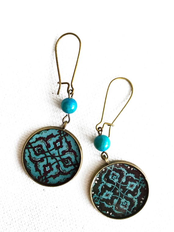 FIROOZEH Asymmetrical Persian Tile Earrings: Turquoise Bohemian Jewelry, Gypsy style
