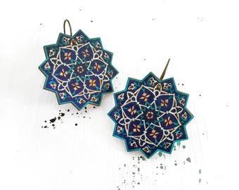 TARA Persian tile geometric star wooden earrings, unique gift for friends couples mom teacher wife, lightweight travel jewelry, gift for her