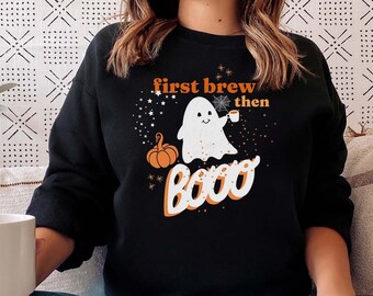 First Brew Then Boo Crewneck Sweatshirt | Black or Dark / Medium Heather Gray | Halloween | Ghost | Pumpkin | Stars | Cute | Spooky Season |