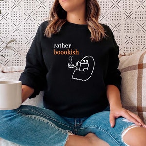 Rather Bookish Crewneck Library Ghost Halloween Sweatshirt Black or Dark Heather Gray Boho Spooky Season Cute Ghost image 1