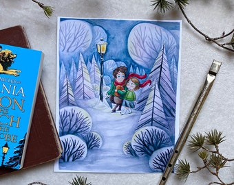 The Lamp Post | Watercolor Print | 8x10 | Tumnus and Lucy | Winter Illustration | Snow |