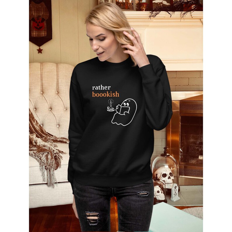 Rather Bookish Crewneck Library Ghost Halloween Sweatshirt Black or Dark Heather Gray Boho Spooky Season Cute Ghost image 3