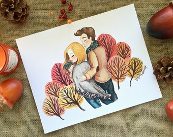 Autumn Family Watercolor Illustration - 10 x 8 - A Walk in the Woods - Fall Trees