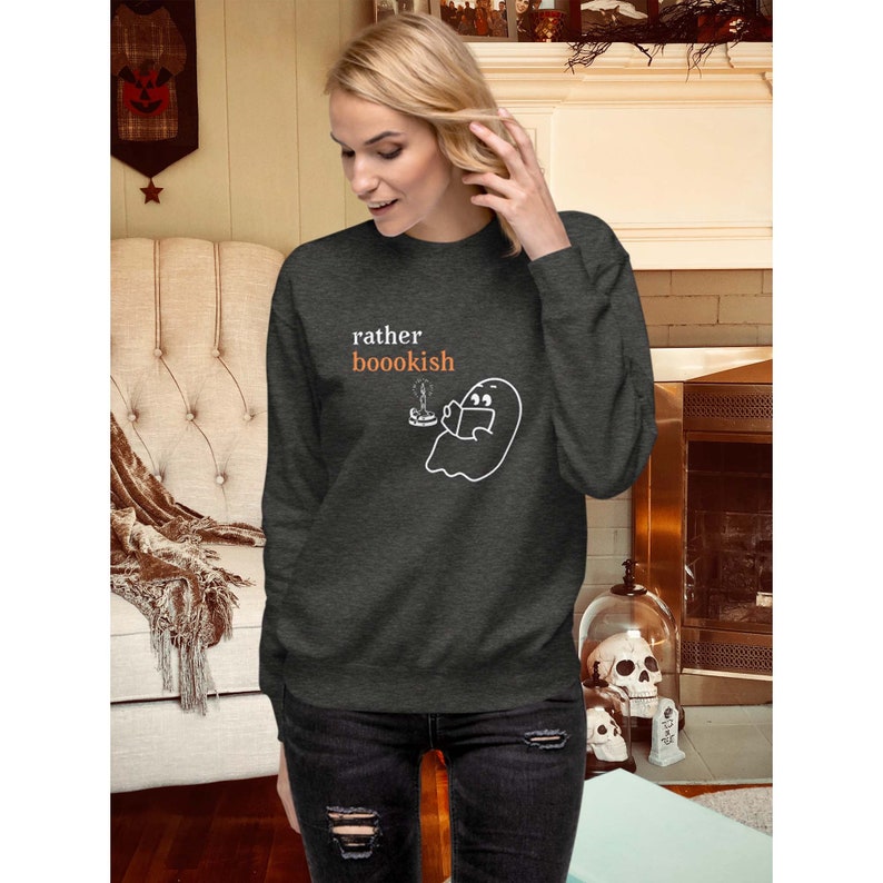 Rather Bookish Crewneck Library Ghost Halloween Sweatshirt Black or Dark Heather Gray Boho Spooky Season Cute Ghost image 2