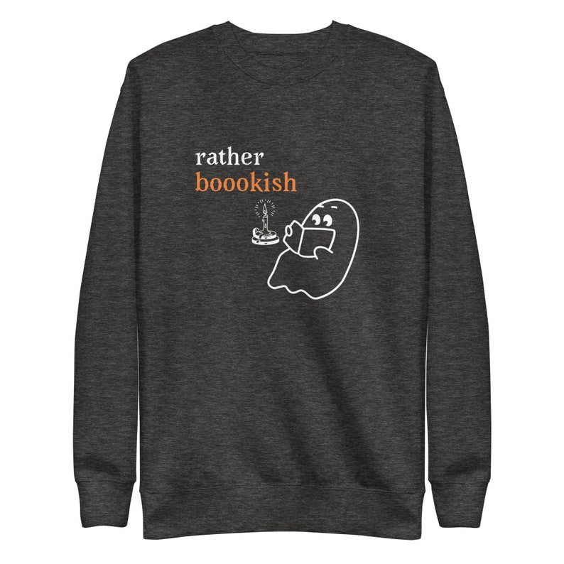 Rather Bookish Crewneck Library Ghost Halloween Sweatshirt Black or Dark Heather Gray Boho Spooky Season Cute Ghost image 5