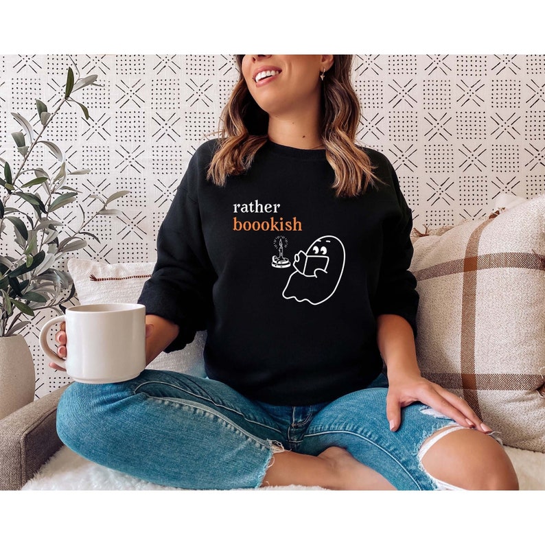 Rather Bookish Crewneck Library Ghost Halloween Sweatshirt Black or Dark Heather Gray Boho Spooky Season Cute Ghost image 1