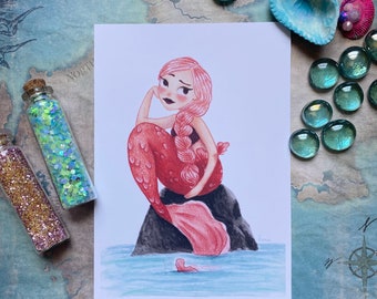 Skeptical Mermaid 5x7 Print | Pink Coral Mermie Siren