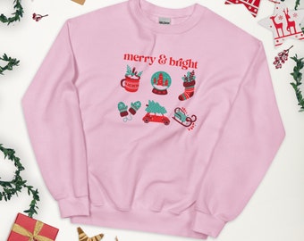 Merry & Bright Cute Christmas Crewneck | White or Pink |