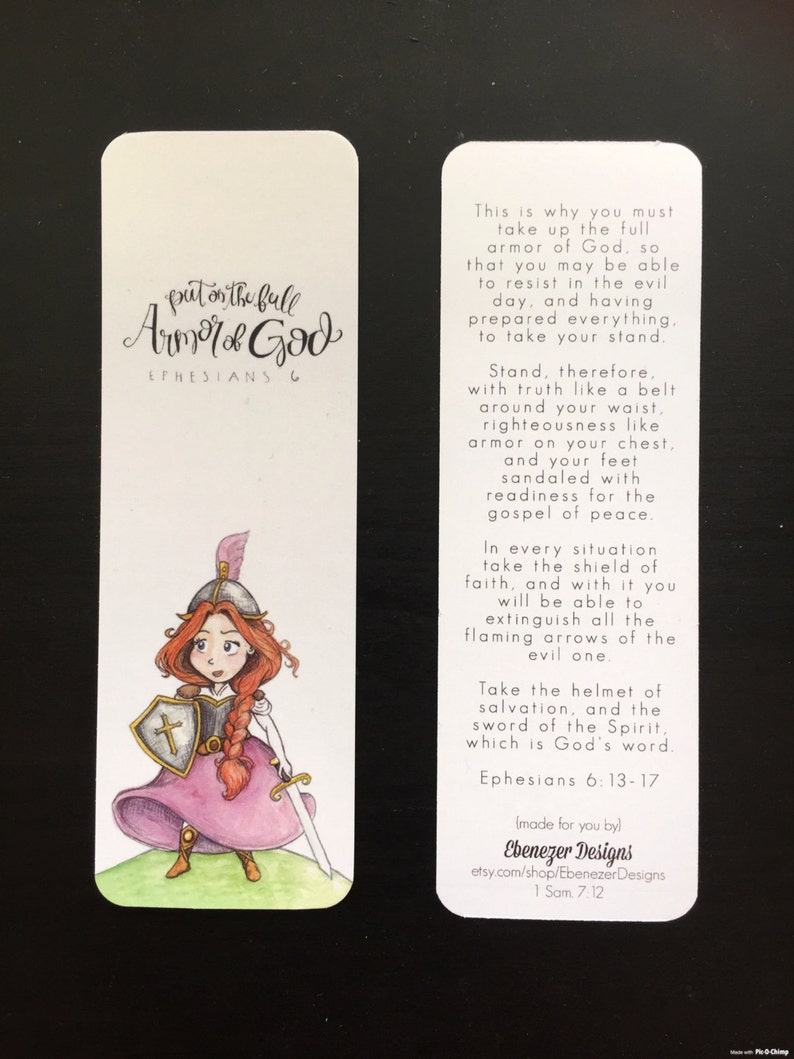 Put on the Full Armor of God Bookmark Ephesians 6:13-17 Print of Hand lettered Watercolor Warrior Princess image 2