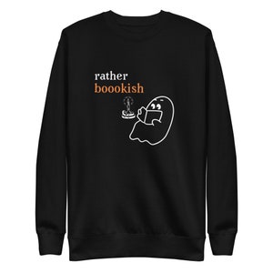 Rather Bookish Crewneck Library Ghost Halloween Sweatshirt Black or Dark Heather Gray Boho Spooky Season Cute Ghost image 4