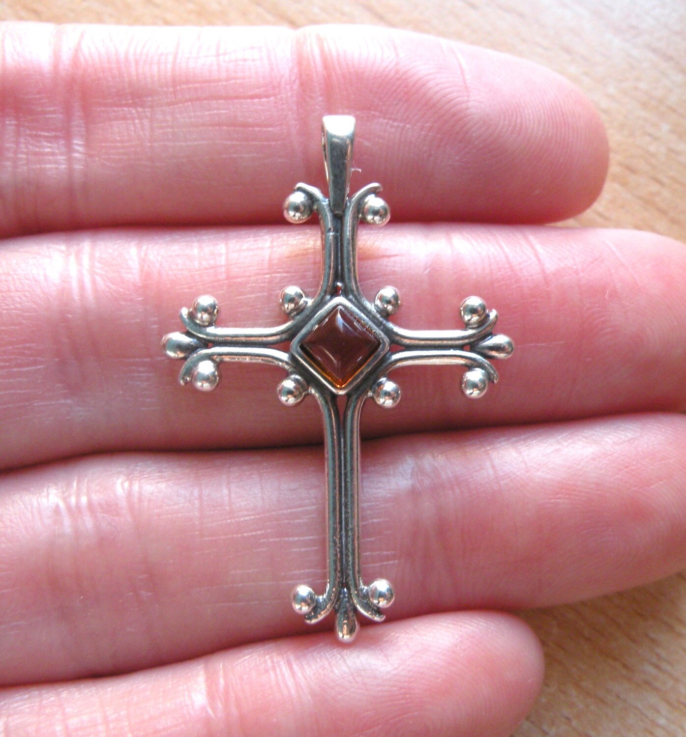 Sterling Silver 925 Baltic Amber Cross Pendant for Necklace Jewelry Cognac