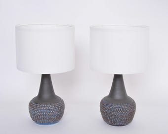 May include: Two matching table lamps with dark gray bases and white cylindrical shades. The bases have a textured, beaded design with blue accents. The lamps are set against a plain white background.