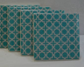 Coasters - Blue and White Moroccan 4 piece Ceramic Tile Drink Coaster Set - FREE USA SHIPPING