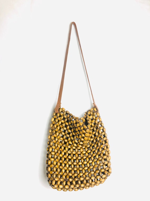 Vintage 90's Wood Beaded Tote Bag w/ Leather Strap