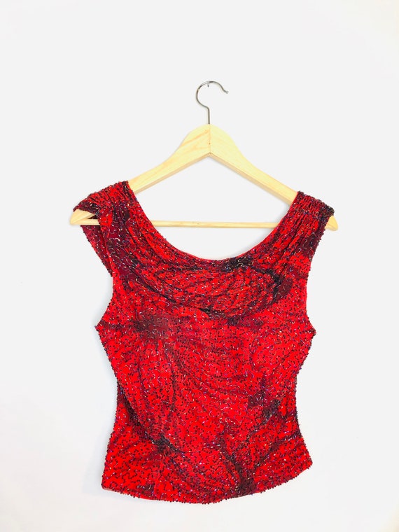 Vintage 90s Cache Detailed Glass Beaded Red/Black/