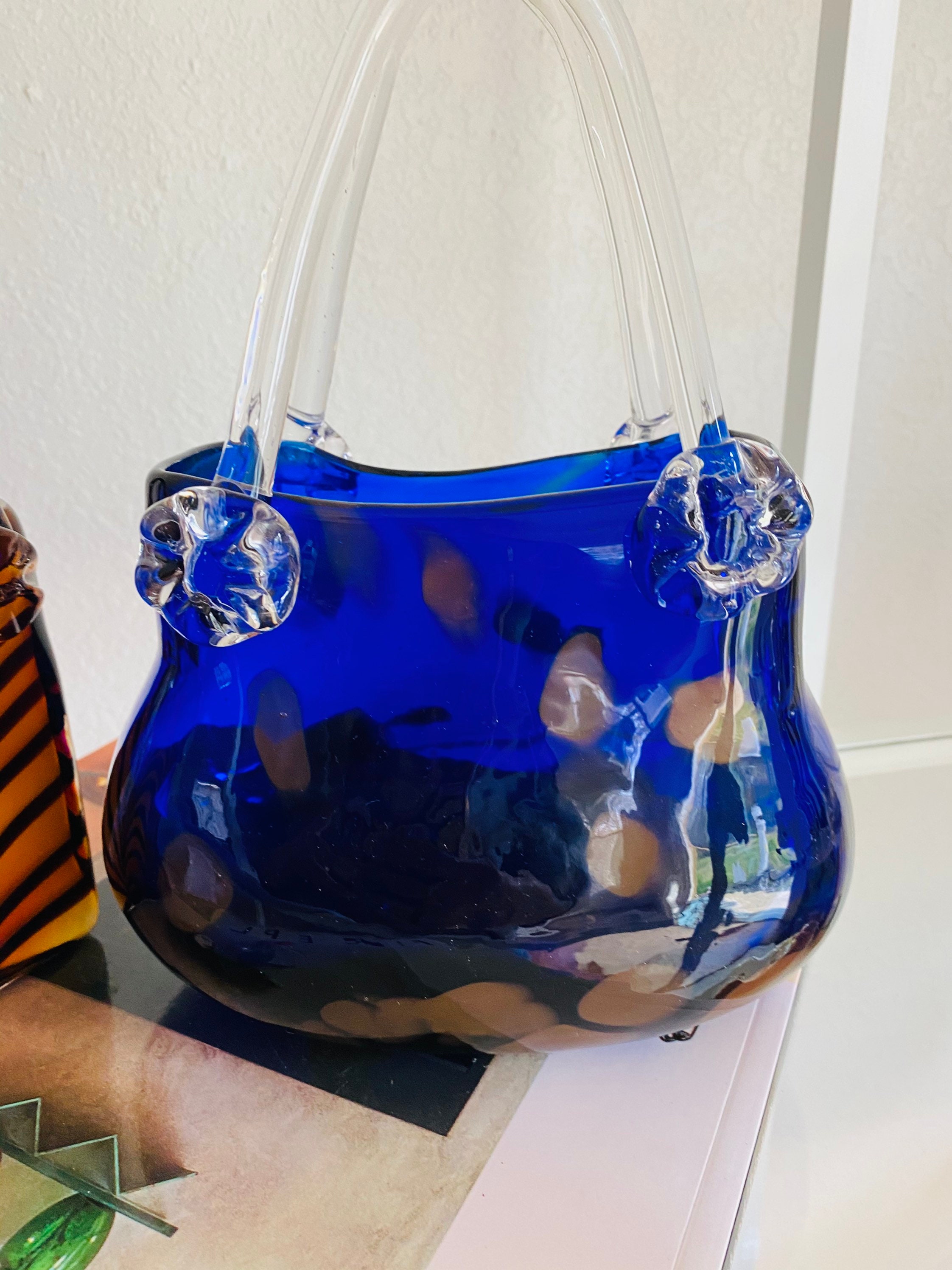 Murano Style Glass Purse Blue Glass Blown Art // Blue Glass Etsy